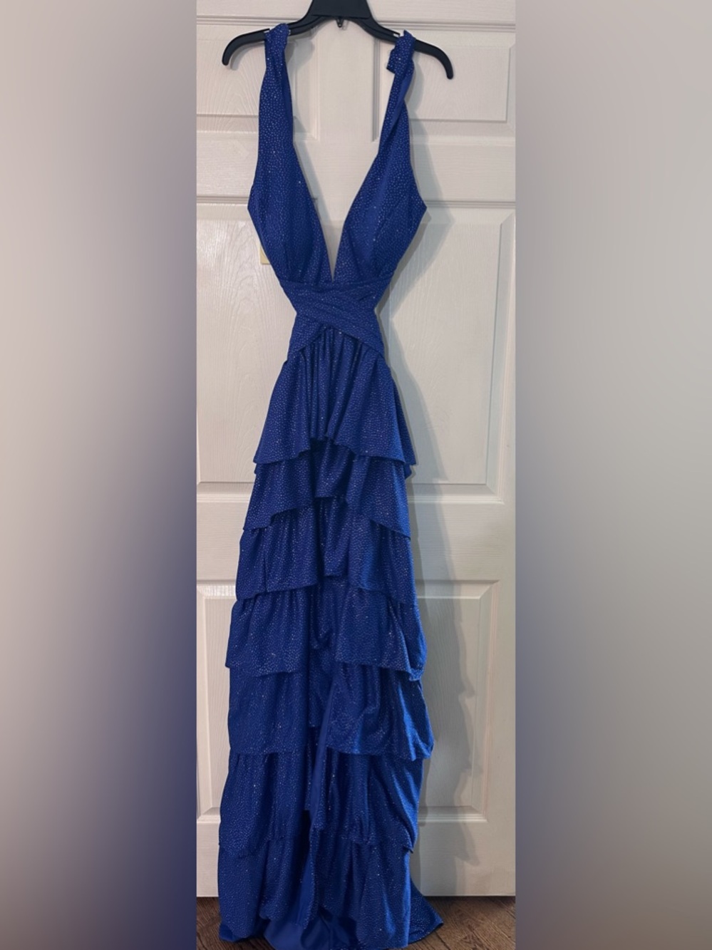 NWT Deep V-Neck Royal Blue Tiered Ruffle Maxi Dress with high slit